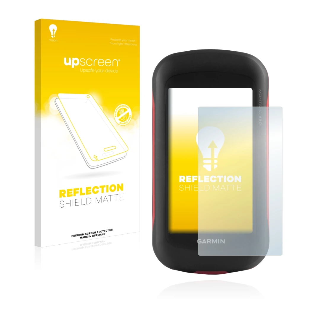 Parte frontal de un envase de producto con el logotipo de la marca upscreen. Al lado se muestra el dispositivo Garmin Montana