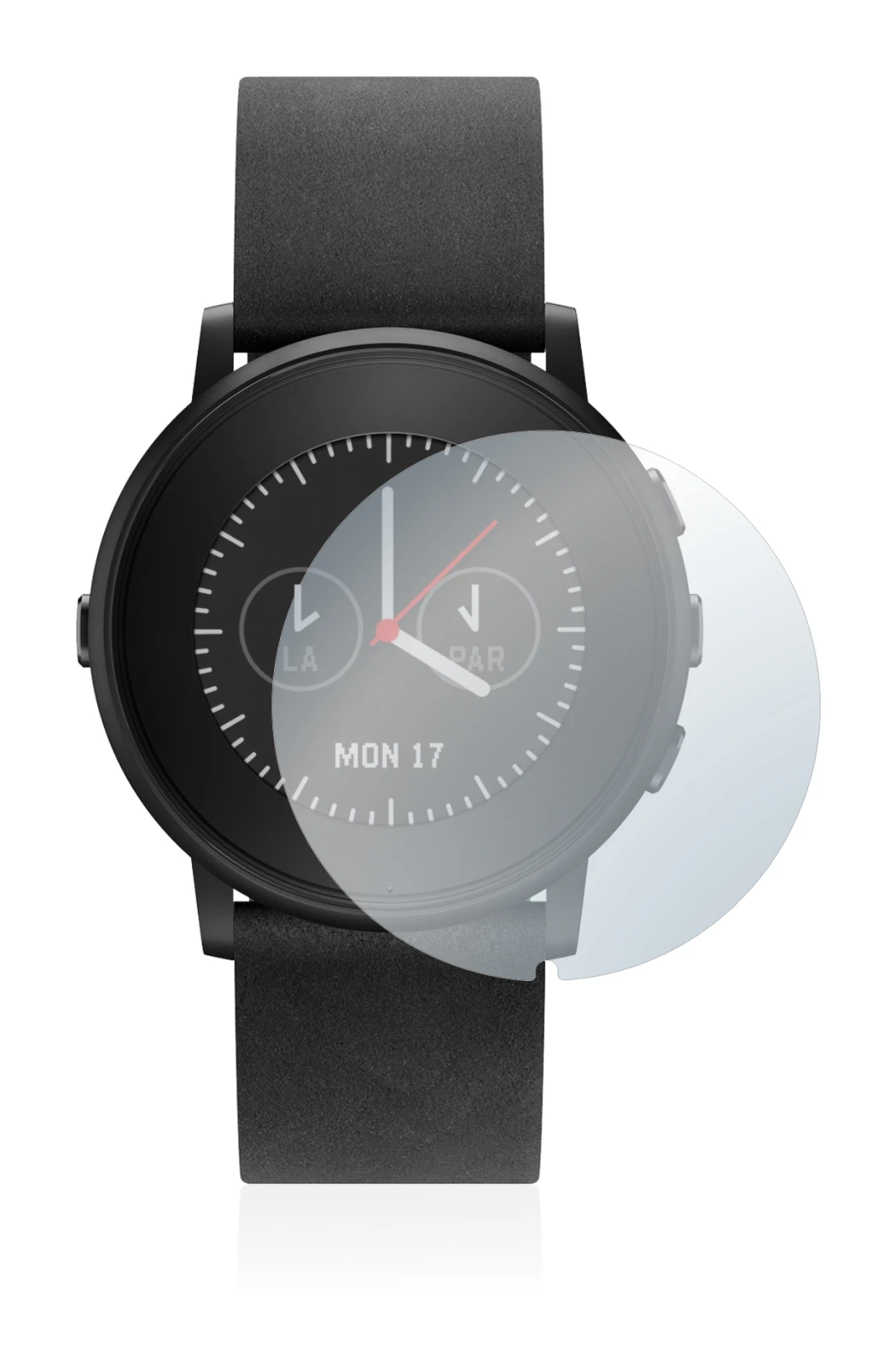 Imagen del dispositivo Pebble Time Round con una amplia variedad de protectores de pantalla.
