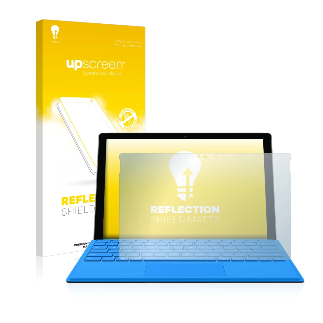 Parte frontal de un envase de producto con el logotipo de la marca upscreen. Al lado se muestra el dispositivo Microsoft Surfa