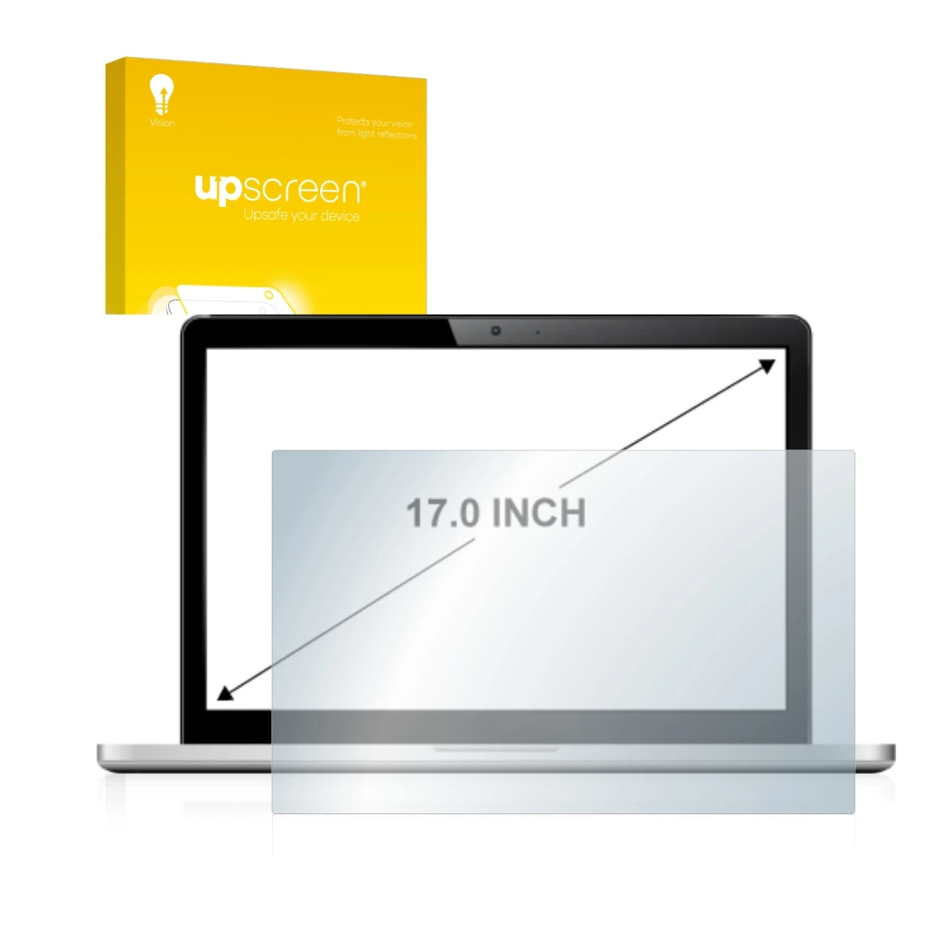 Parte frontal de un envase de producto con el logotipo de la marca upscreen. Al lado se muestra el dispositivo con su protecto