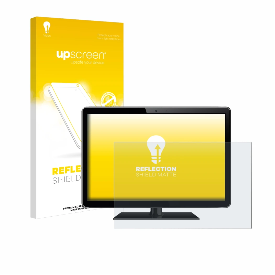 Parte frontal de un envase de producto con el logotipo de la marca upscreen. Al lado se muestra el dispositivo con su protecto