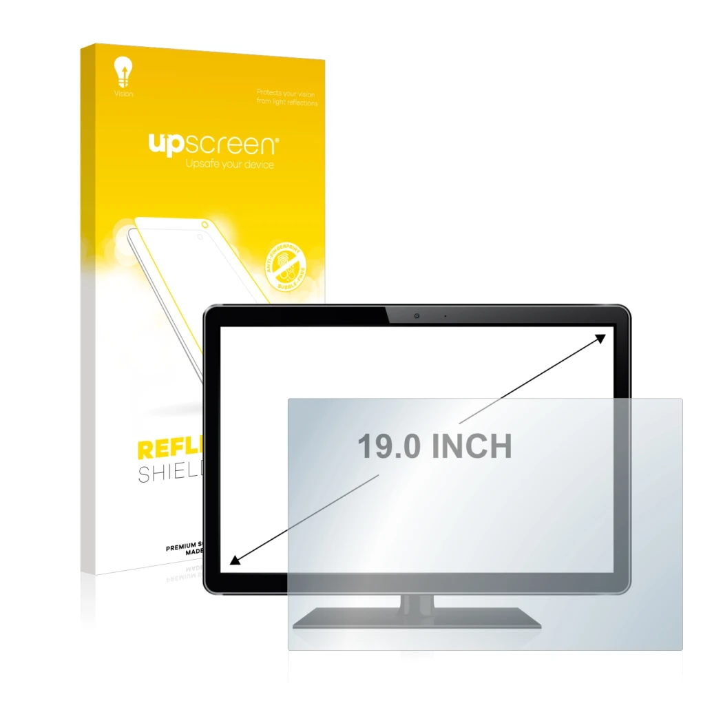 Parte frontal de un envase de producto con el logotipo de la marca upscreen. Al lado se muestra el dispositivo con su protecto