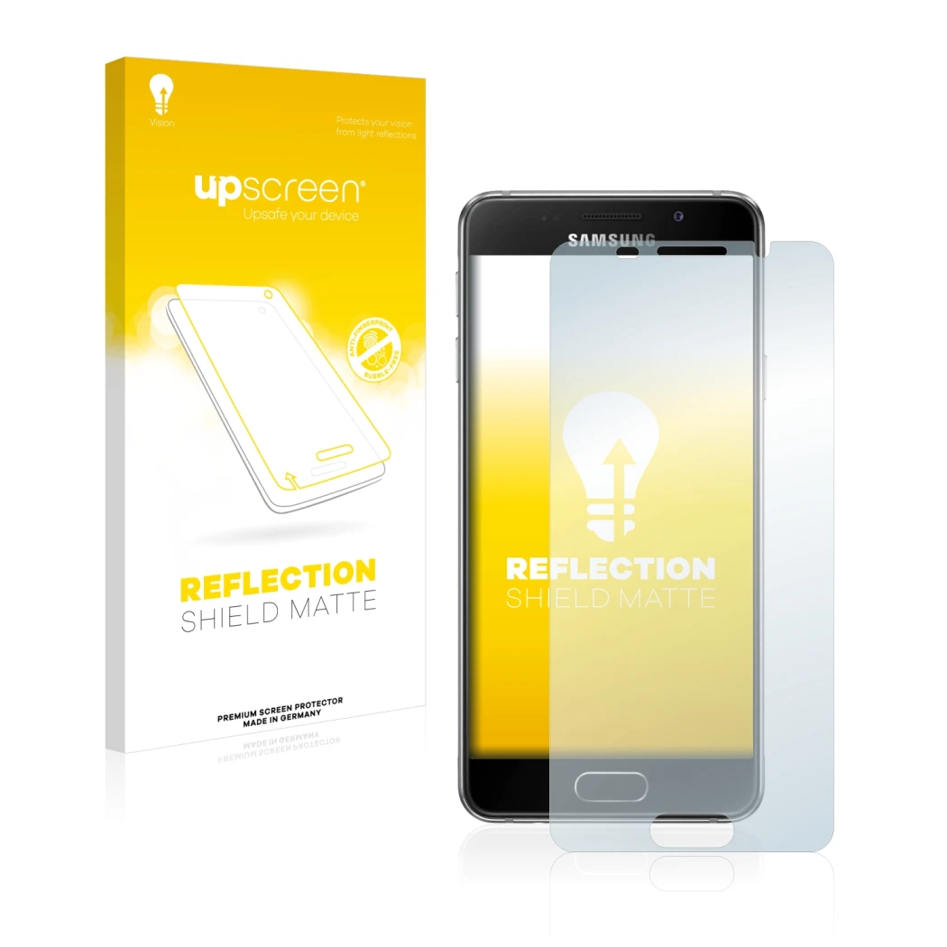 Parte frontal de un envase de producto con el logotipo de la marca upscreen. Al lado se muestra el dispositivo Samsung Galaxy