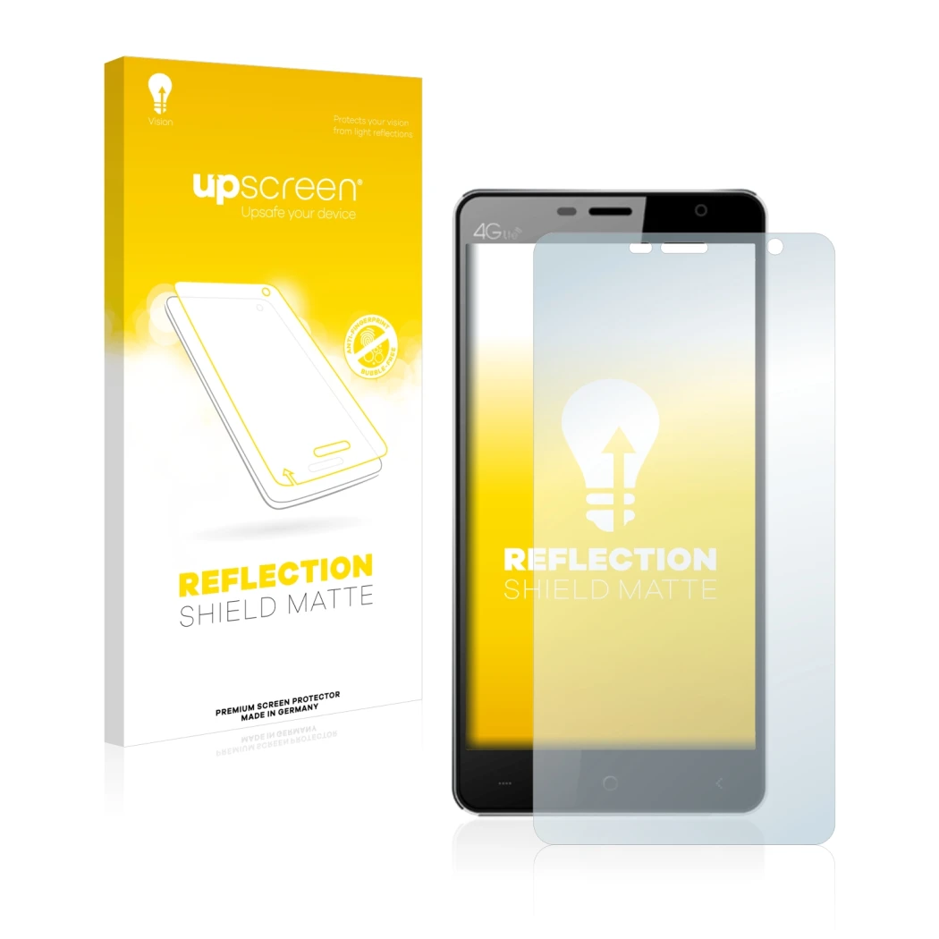 Parte frontal de un envase de producto con el logotipo de la marca upscreen. Al lado se muestra el dispositivo Leagoo Elite 4
