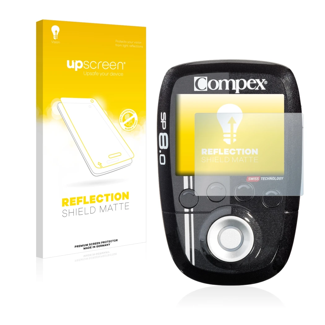 Parte frontal de un envase de producto con el logotipo de la marca upscreen. Al lado se muestra el dispositivo Compex SP 8.0 c