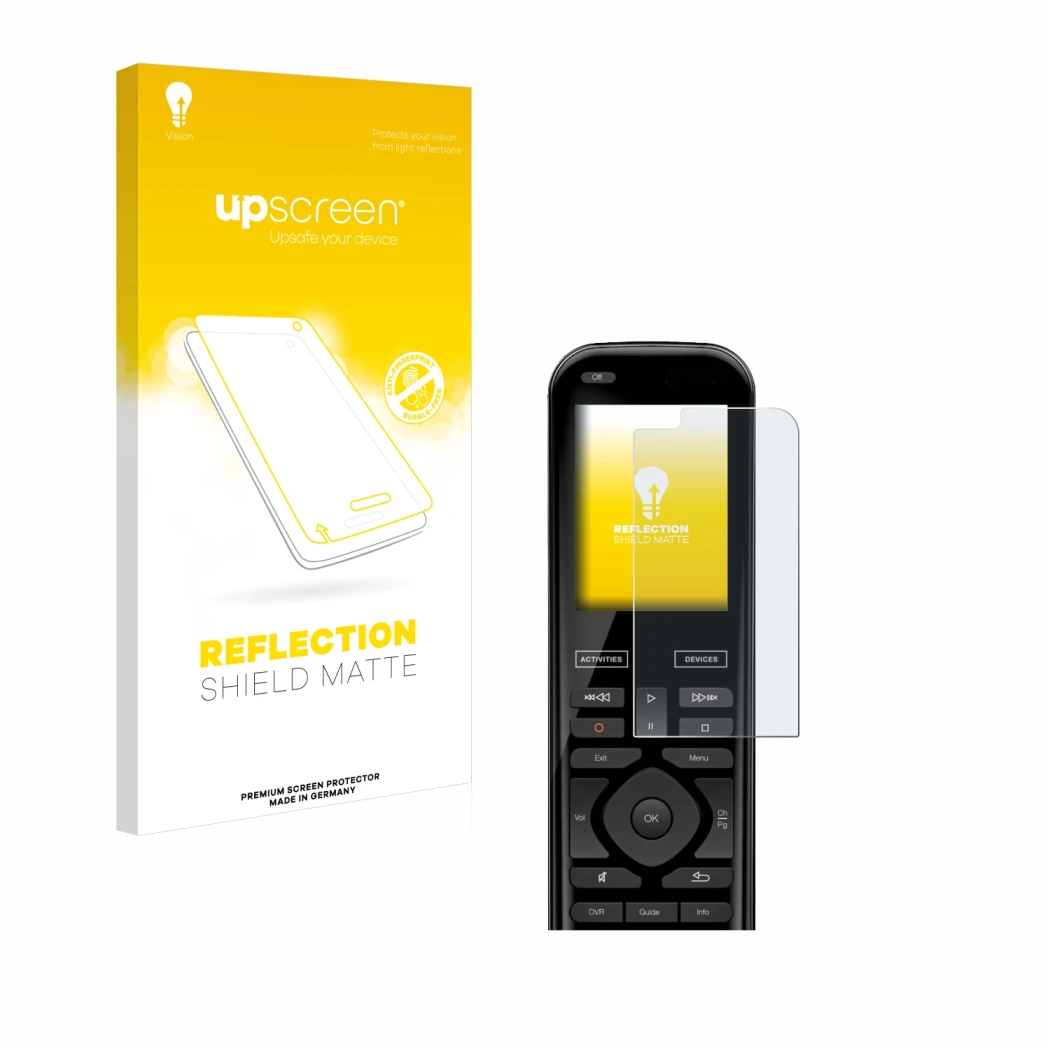 Parte frontal de un envase de producto con el logotipo de la marca upscreen. Al lado se muestra el dispositivo Logitech Harmon