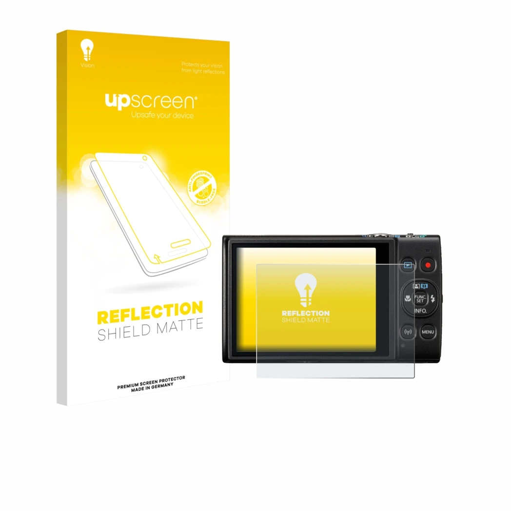 Parte frontal de un envase de producto con el logotipo de la marca upscreen. Al lado se muestra el dispositivo Canon Digital I