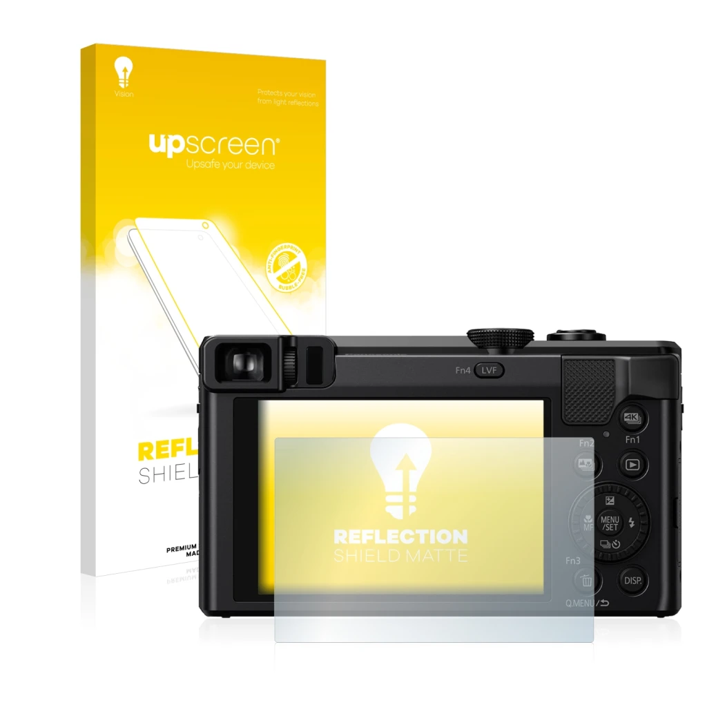 Parte frontal de un envase de producto con el logotipo de la marca upscreen. Al lado se muestra el dispositivo Panasonic Lumix