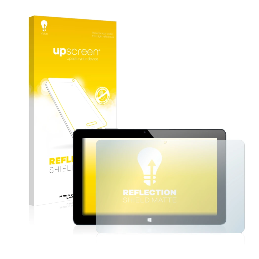 Parte frontal de un envase de producto con el logotipo de la marca upscreen. Al lado se muestra el dispositivo Cube i7 Stylus 