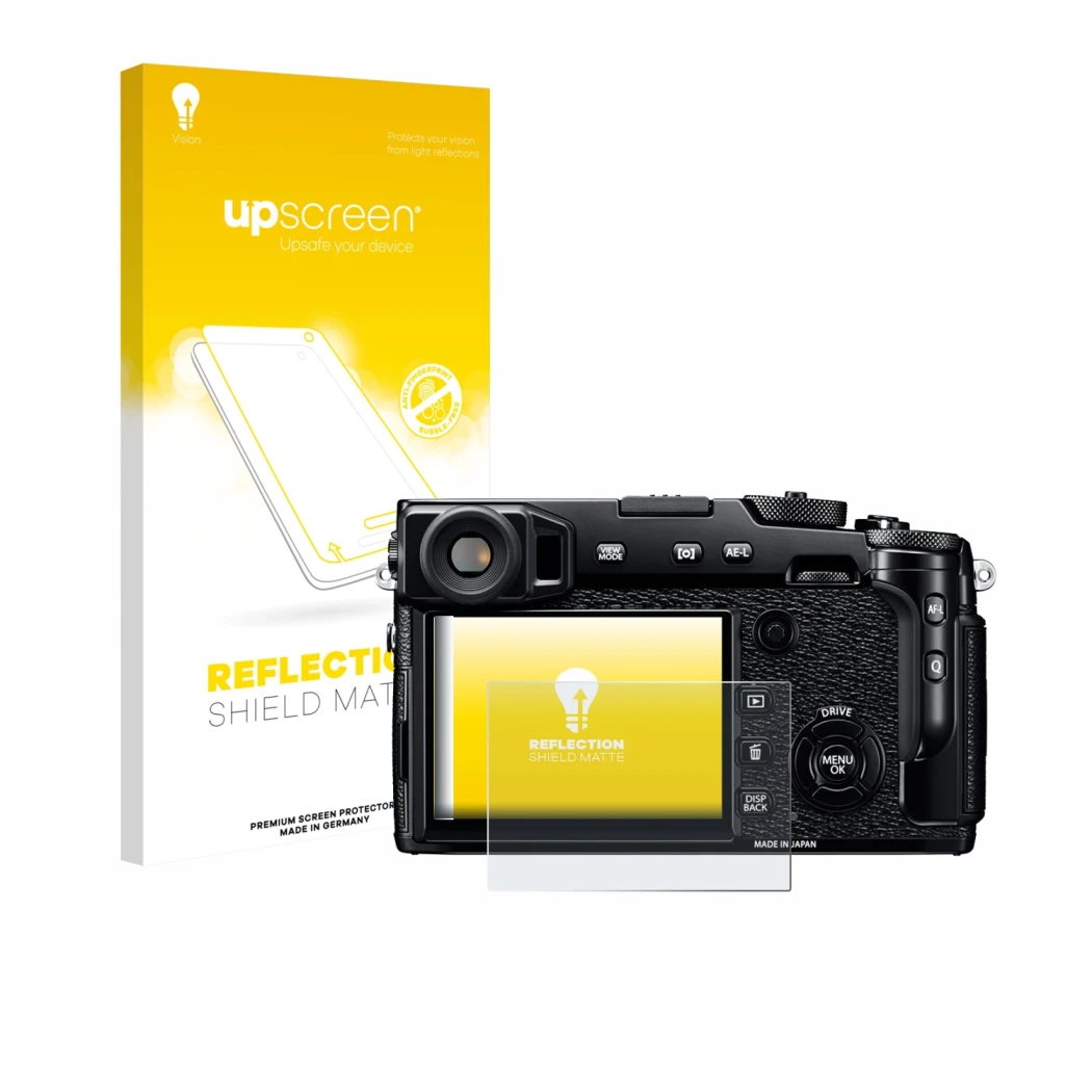 Parte frontal de un envase de producto con el logotipo de la marca upscreen. Al lado se muestra el dispositivo Fujifilm X-Pro2