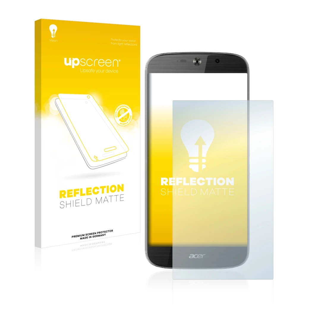 Parte frontal de un envase de producto con el logotipo de la marca upscreen. Al lado se muestra el dispositivo Acer Liquid Jad