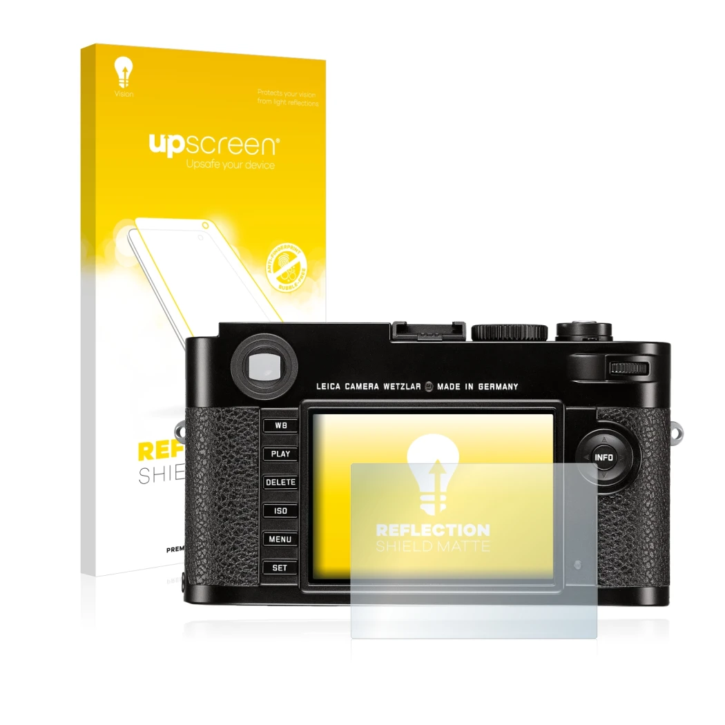 Parte frontal de un envase de producto con el logotipo de la marca upscreen. Al lado se muestra el dispositivo Leica M (Typ 26
