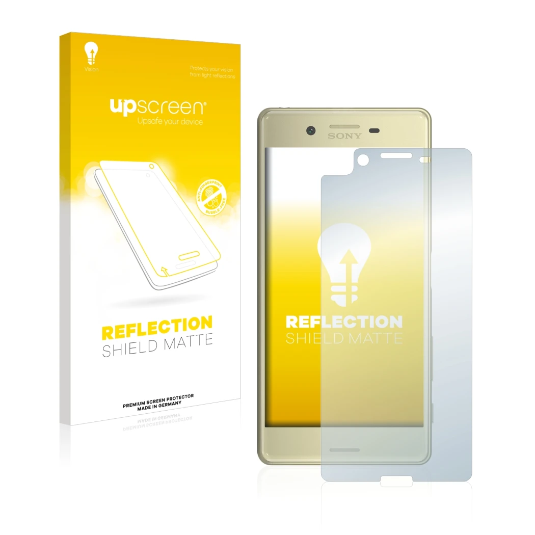 Parte frontal de un envase de producto con el logotipo de la marca upscreen. Al lado se muestra el dispositivo Sony Xperia X c