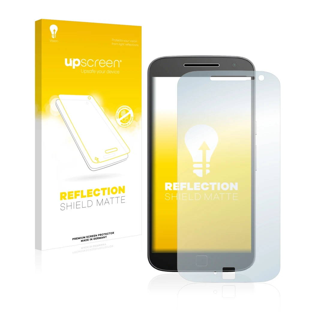 Parte frontal de un envase de producto con el logotipo de la marca upscreen. Al lado se muestra el dispositivo Motorola Moto G
