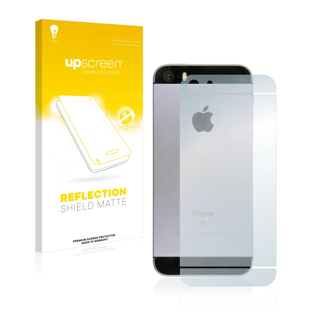 Parte frontal de un envase de producto con el logotipo de la marca upscreen. Al lado se muestra el dispositivo Apple iPhone SE