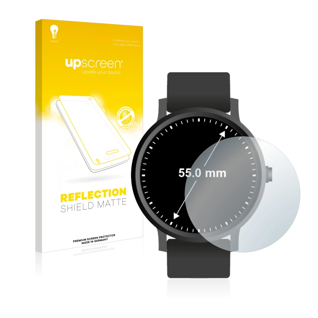 Parte frontal de un envase de producto con el logotipo de la marca upscreen. Al lado se muestra el dispositivo Relojes (Circul