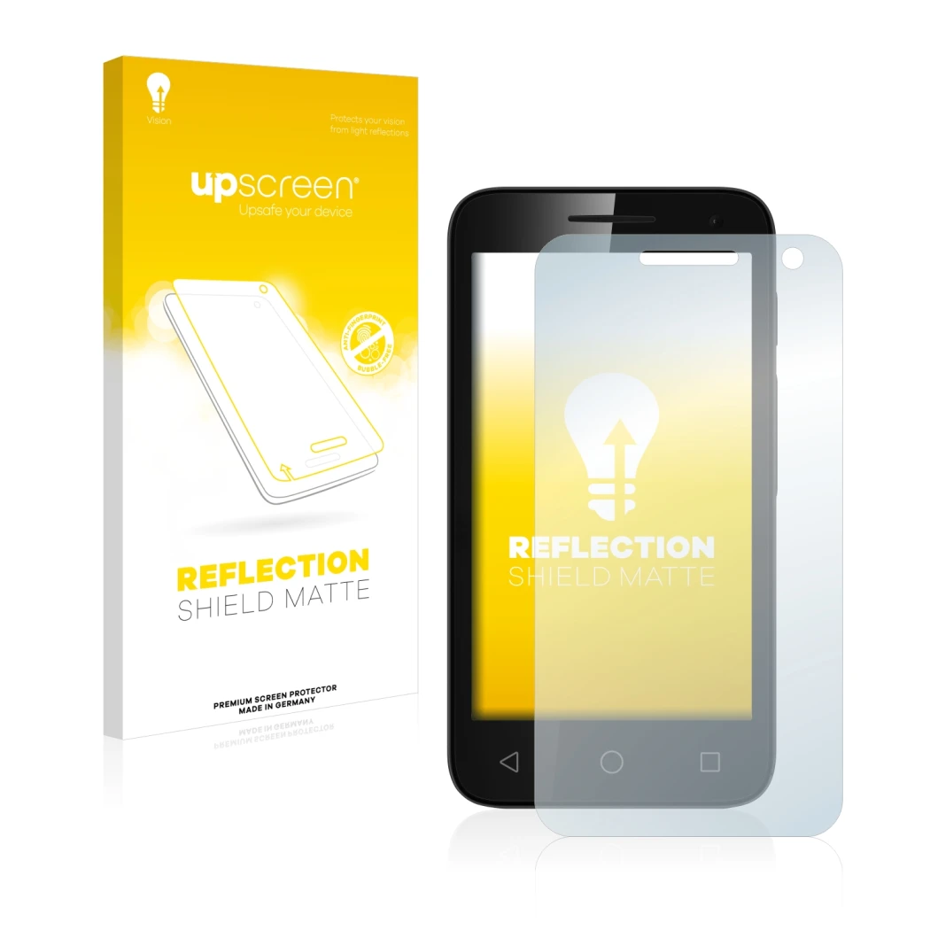 Parte frontal de un envase de producto con el logotipo de la marca upscreen. Al lado se muestra el dispositivo Vodafone Smart