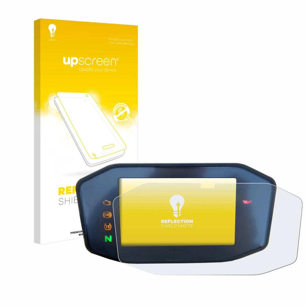 Parte frontal de un envase de producto con el logotipo de la marca upscreen. Al lado se muestra el dispositivo KTM 690 Duke 20