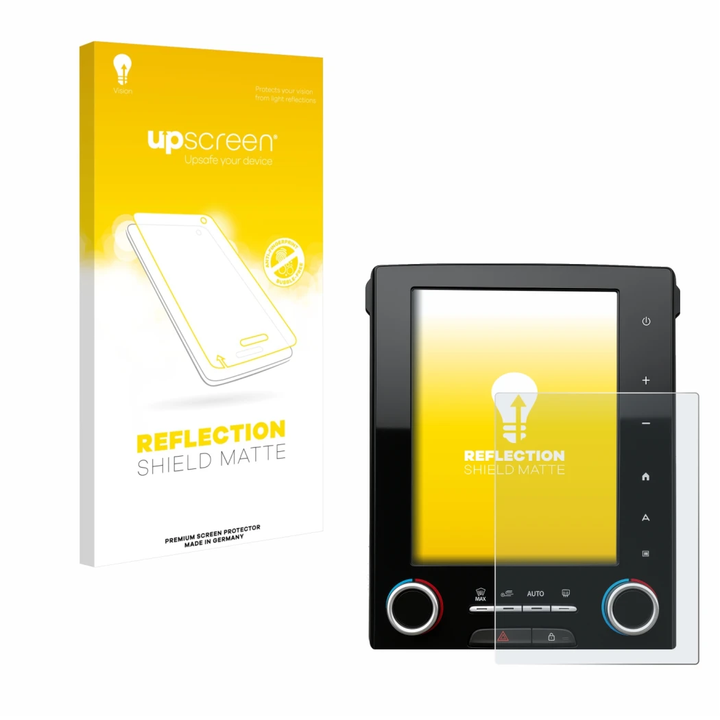 Parte frontal de un envase de producto con el logotipo de la marca upscreen. Al lado se muestra el dispositivo Renault Megane