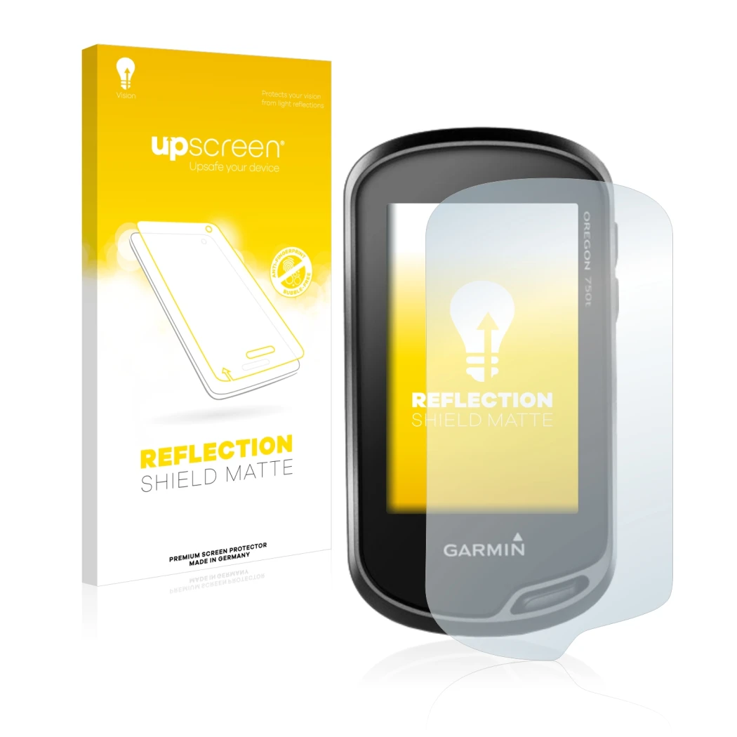 Parte frontal de un envase de producto con el logotipo de la marca upscreen. Al lado se muestra el dispositivo Garmin Oregon 7