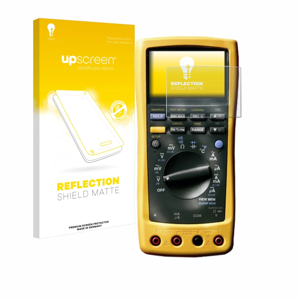 Parte frontal de un envase de producto con el logotipo de la marca upscreen. Al lado se muestra el dispositivo Fluke MultiMete