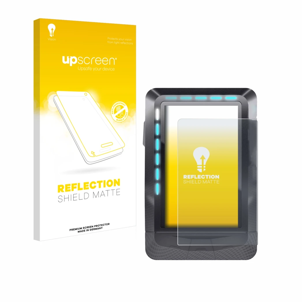 Parte frontal de un envase de producto con el logotipo de la marca upscreen. Al lado se muestra el dispositivo Wahoo Elemnt GP