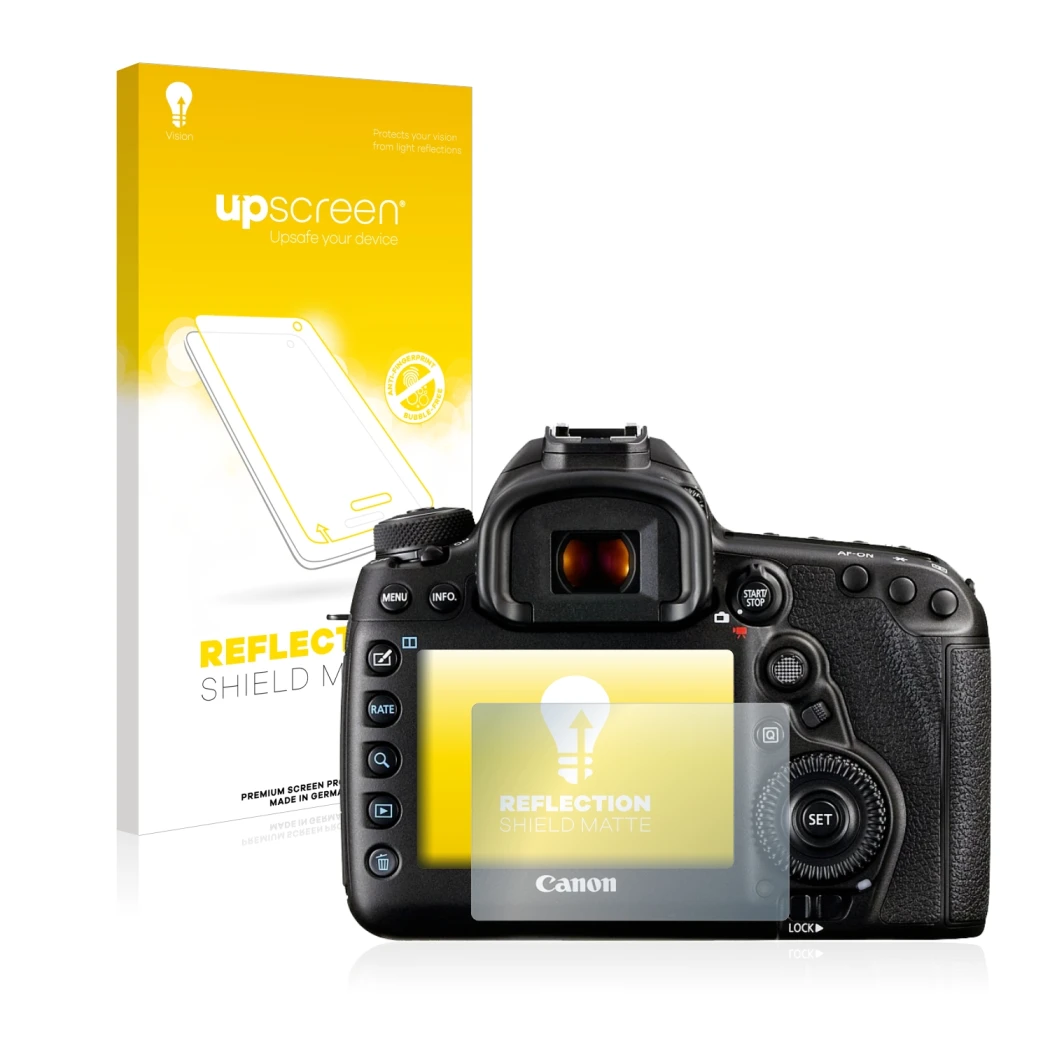 Parte frontal de un envase de producto con el logotipo de la marca upscreen. Al lado se muestra el dispositivo Canon EOS 5D Ma