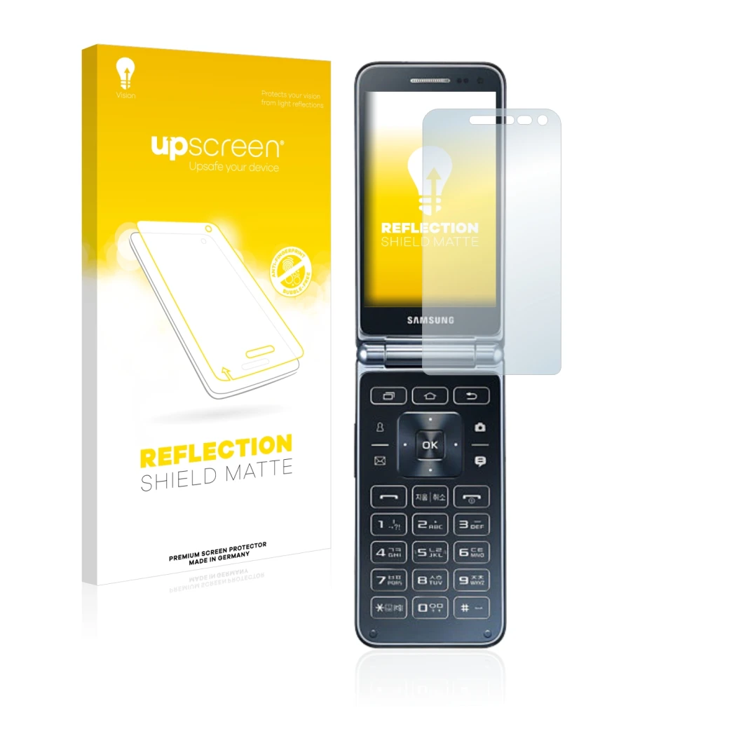 Parte frontal de un envase de producto con el logotipo de la marca upscreen. Al lado se muestra el dispositivo Samsung Galaxy