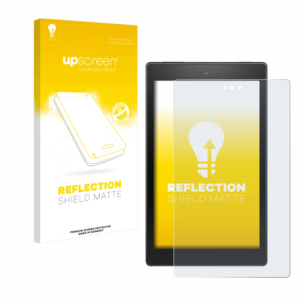 Parte frontal de un envase de producto con el logotipo de la marca upscreen. Al lado se muestra el dispositivo Amazon Fire HD