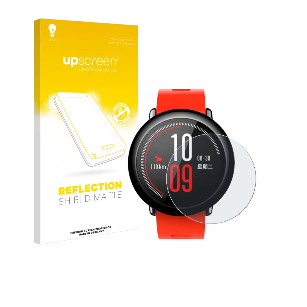 Parte frontal de un envase de producto con el logotipo de la marca upscreen. Al lado se muestra el dispositivo Huami Amazfit P