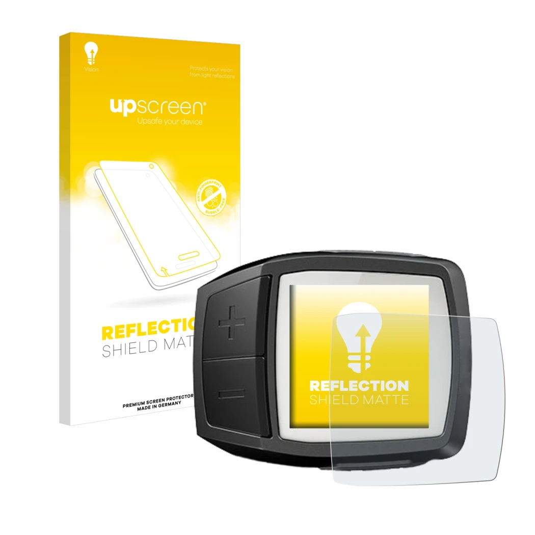 Parte frontal de un envase de producto con el logotipo de la marca upscreen. Al lado se muestra el dispositivo Bosch Purion co