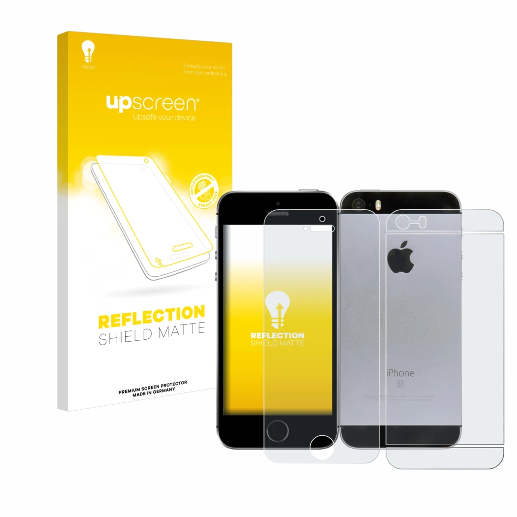 Parte frontal de un envase de producto con el logotipo de la marca upscreen. Al lado se muestra el dispositivo Apple iPhone SE