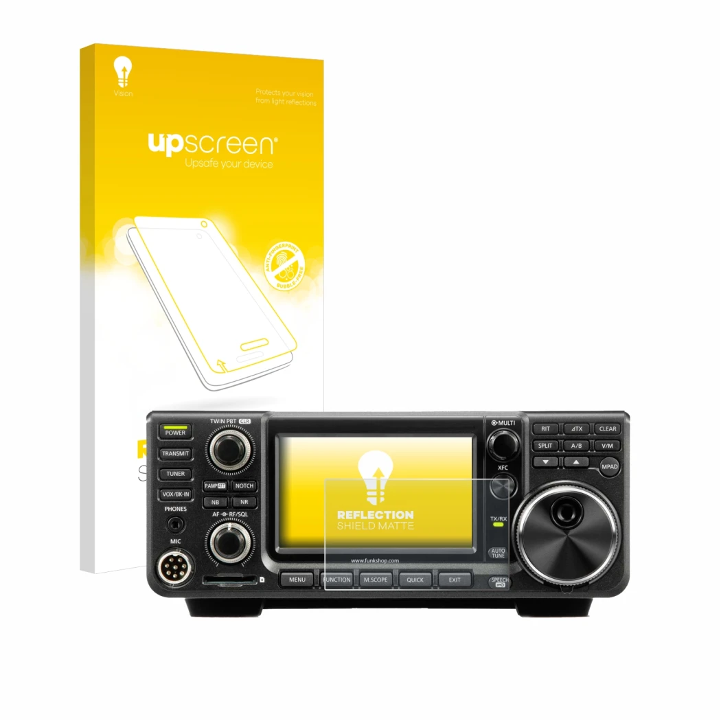Parte frontal de un envase de producto con el logotipo de la marca upscreen. Al lado se muestra el dispositivo Icom IC-7300 co