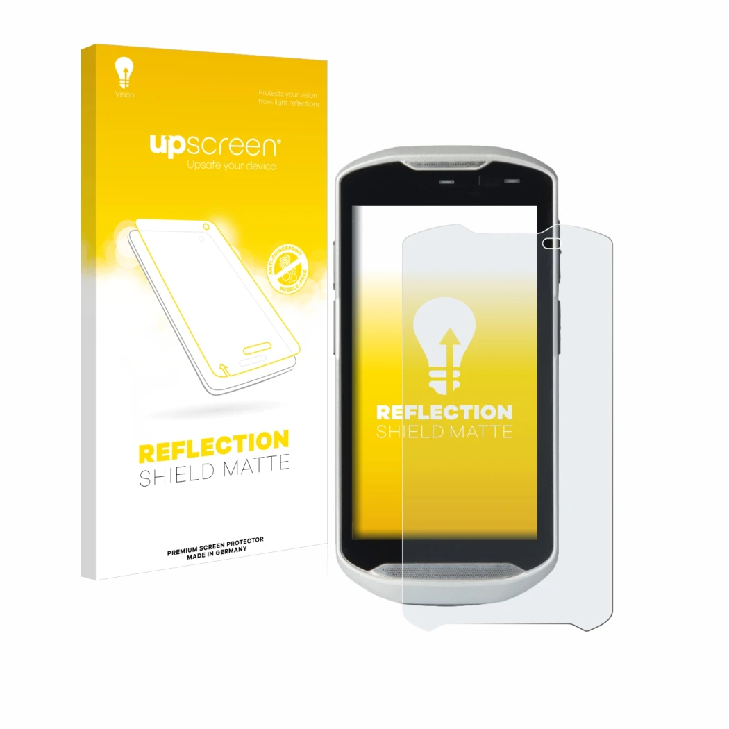 Parte frontal de un envase de producto con el logotipo de la marca upscreen. Al lado se muestra el dispositivo Zebra TC51 con