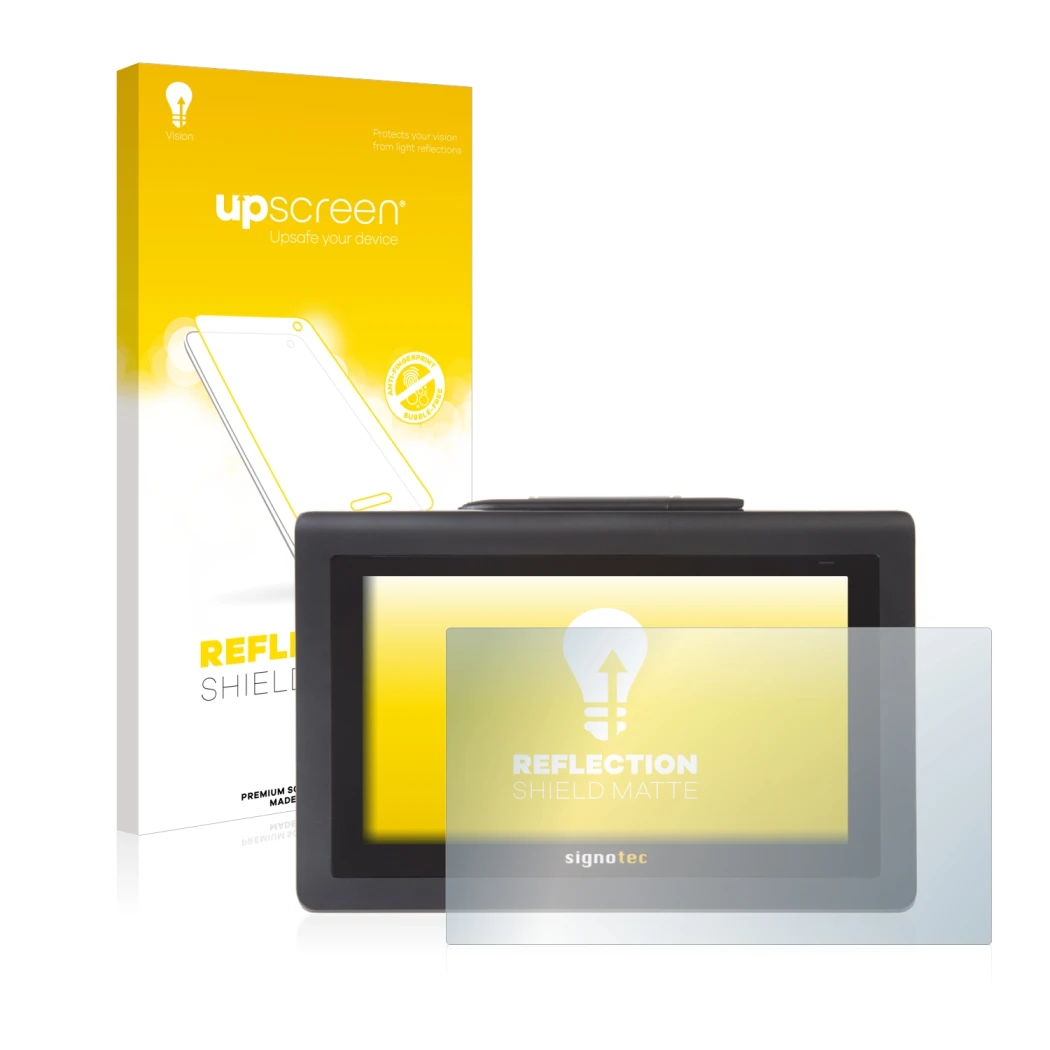 Parte frontal de un envase de producto con el logotipo de la marca upscreen. Al lado se muestra el dispositivo Signotec Signat