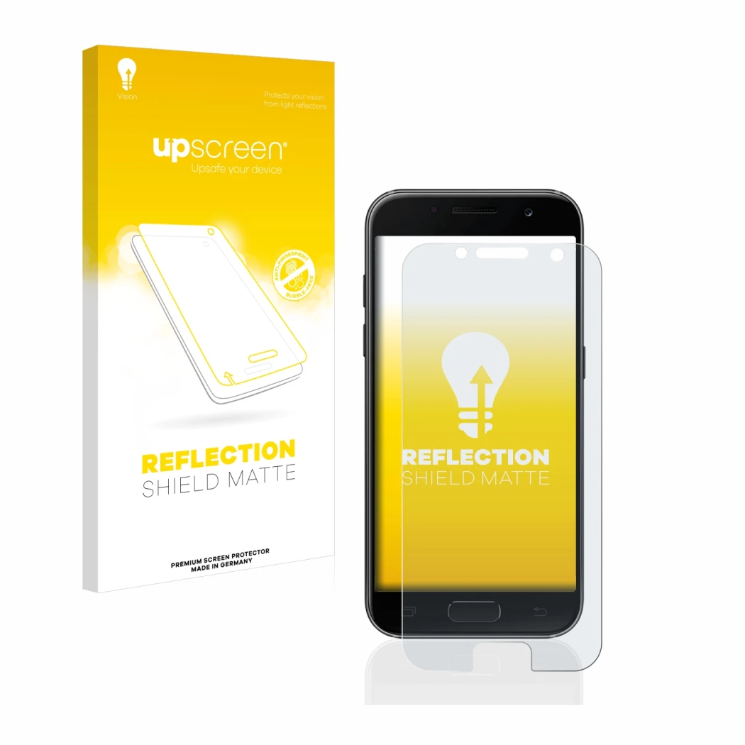 Parte frontal de un envase de producto con el logotipo de la marca upscreen. Al lado se muestra el dispositivo Samsung Galaxy