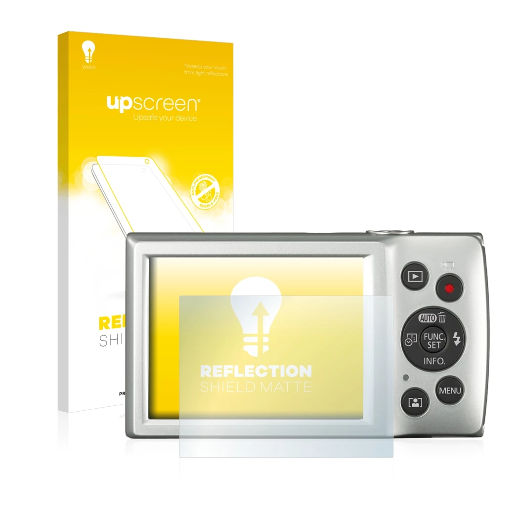 Parte frontal de un envase de producto con el logotipo de la marca upscreen. Al lado se muestra el dispositivo Canon Digital I