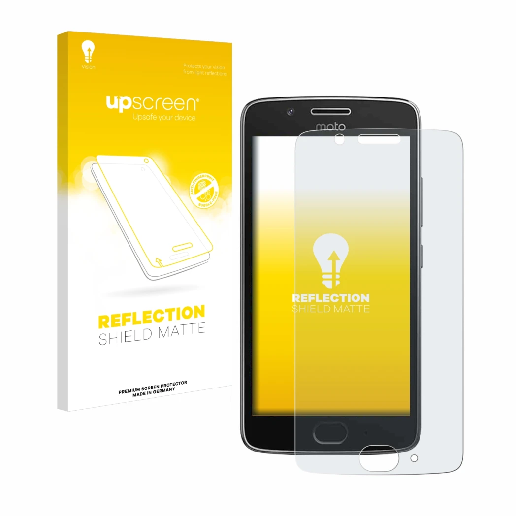 Parte frontal de un envase de producto con el logotipo de la marca upscreen. Al lado se muestra el dispositivo Motorola Moto G