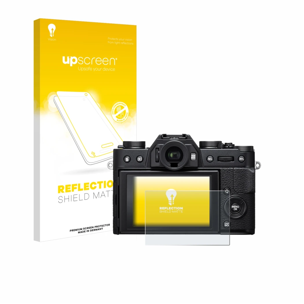 Parte frontal de un envase de producto con el logotipo de la marca upscreen. Al lado se muestra el dispositivo Fujifilm X-T20 