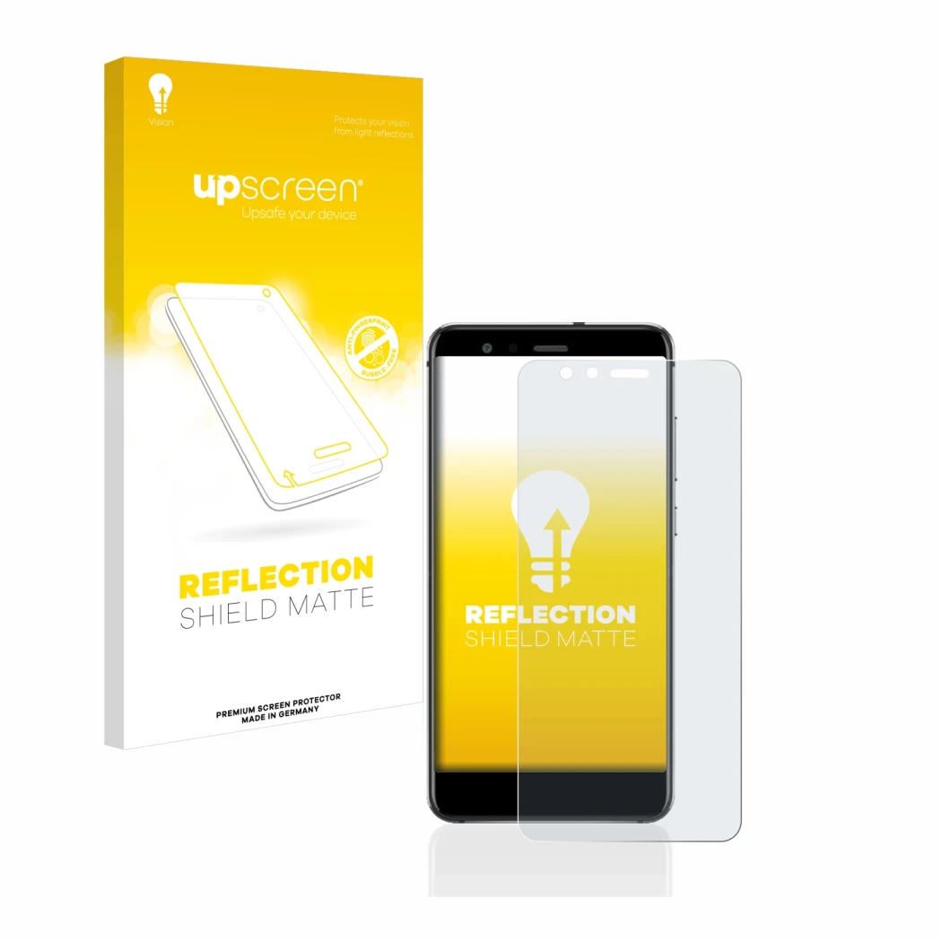 Parte frontal de un envase de producto con el logotipo de la marca upscreen. Al lado se muestra el dispositivo Huawei P10 Lite