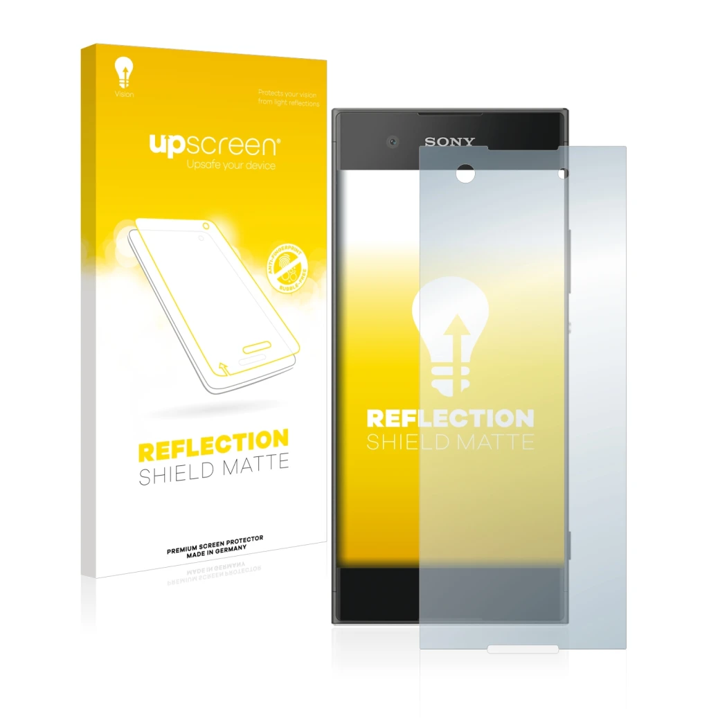Parte frontal de un envase de producto con el logotipo de la marca upscreen. Al lado se muestra el dispositivo Sony Xperia XA1