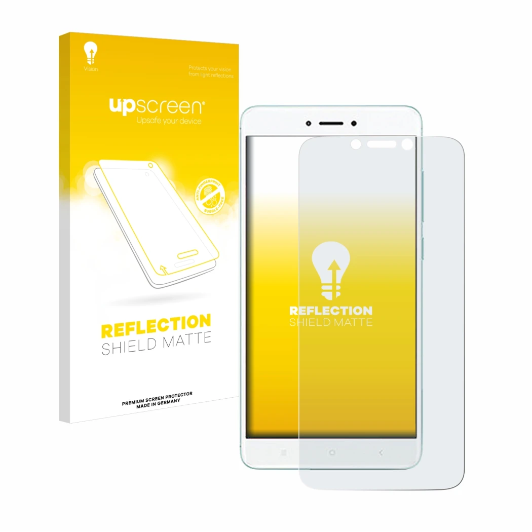 Parte frontal de un envase de producto con el logotipo de la marca upscreen. Al lado se muestra el dispositivo Xiaomi Redmi 4X