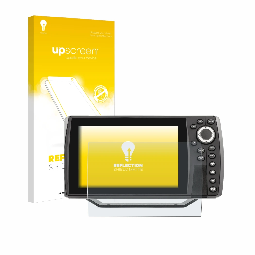 Parte frontal de un envase de producto con el logotipo de la marca upscreen. Al lado se muestra el dispositivo Humminbird Heli