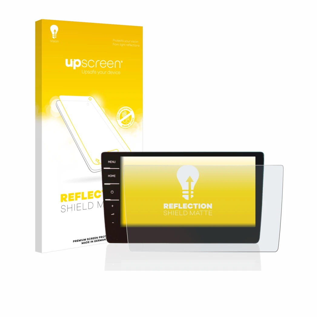 Parte frontal de un envase de producto con el logotipo de la marca upscreen. Al lado se muestra el dispositivo Volkswagen Golf