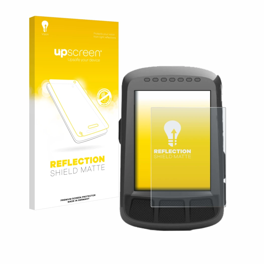 Parte frontal de un envase de producto con el logotipo de la marca upscreen. Al lado se muestra el dispositivo Wahoo Elemnt Bo