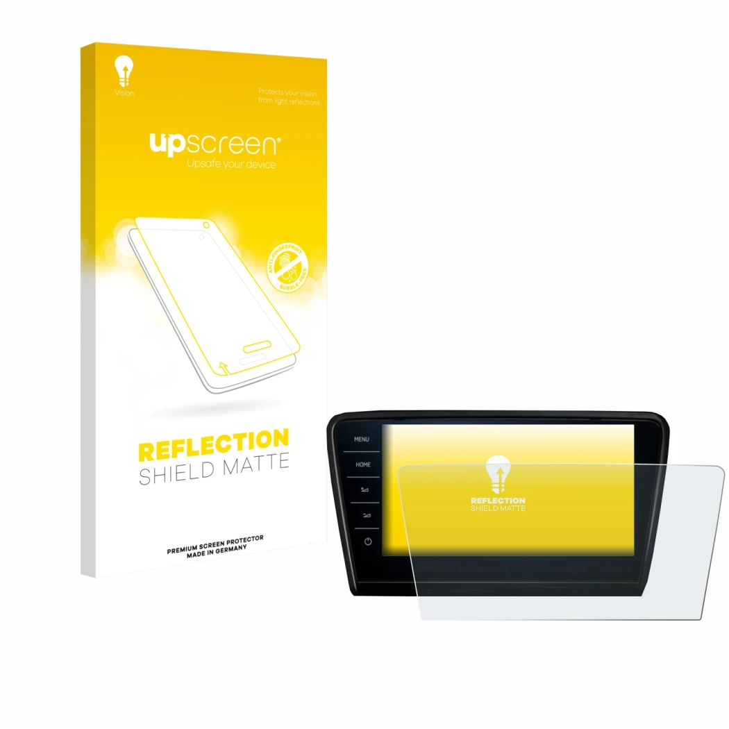 Parte frontal de un envase de producto con el logotipo de la marca upscreen. Al lado se muestra el dispositivo Skoda Octavia 2