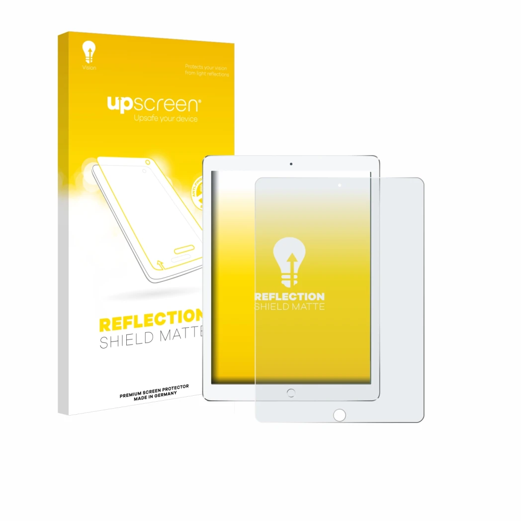 Parte frontal de un envase de producto con el logotipo de la marca upscreen. Al lado se muestra el dispositivo Apple iPad Pro 