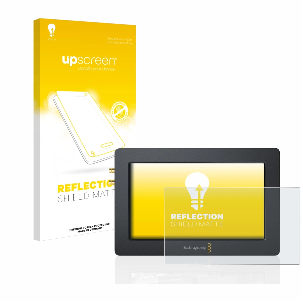 Parte frontal de un envase de producto con el logotipo de la marca upscreen. Al lado se muestra el dispositivo Blackmagic Desi