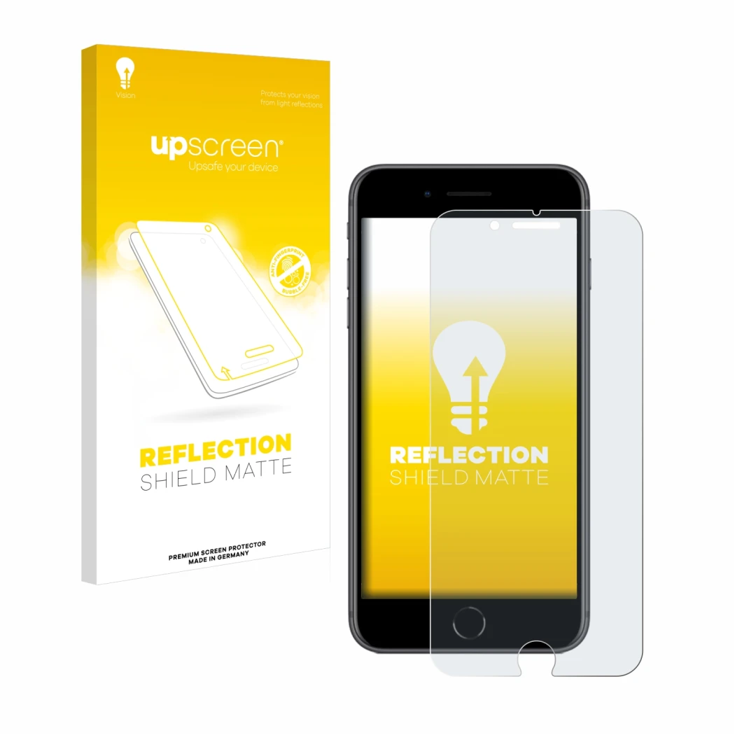 Parte frontal de un envase de producto con el logotipo de la marca upscreen. Al lado se muestra el dispositivo Apple iPhone 8 