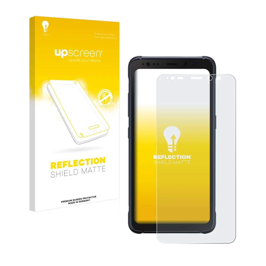 Parte frontal de un envase de producto con el logotipo de la marca upscreen. Al lado se muestra el dispositivo Samsung Galaxy